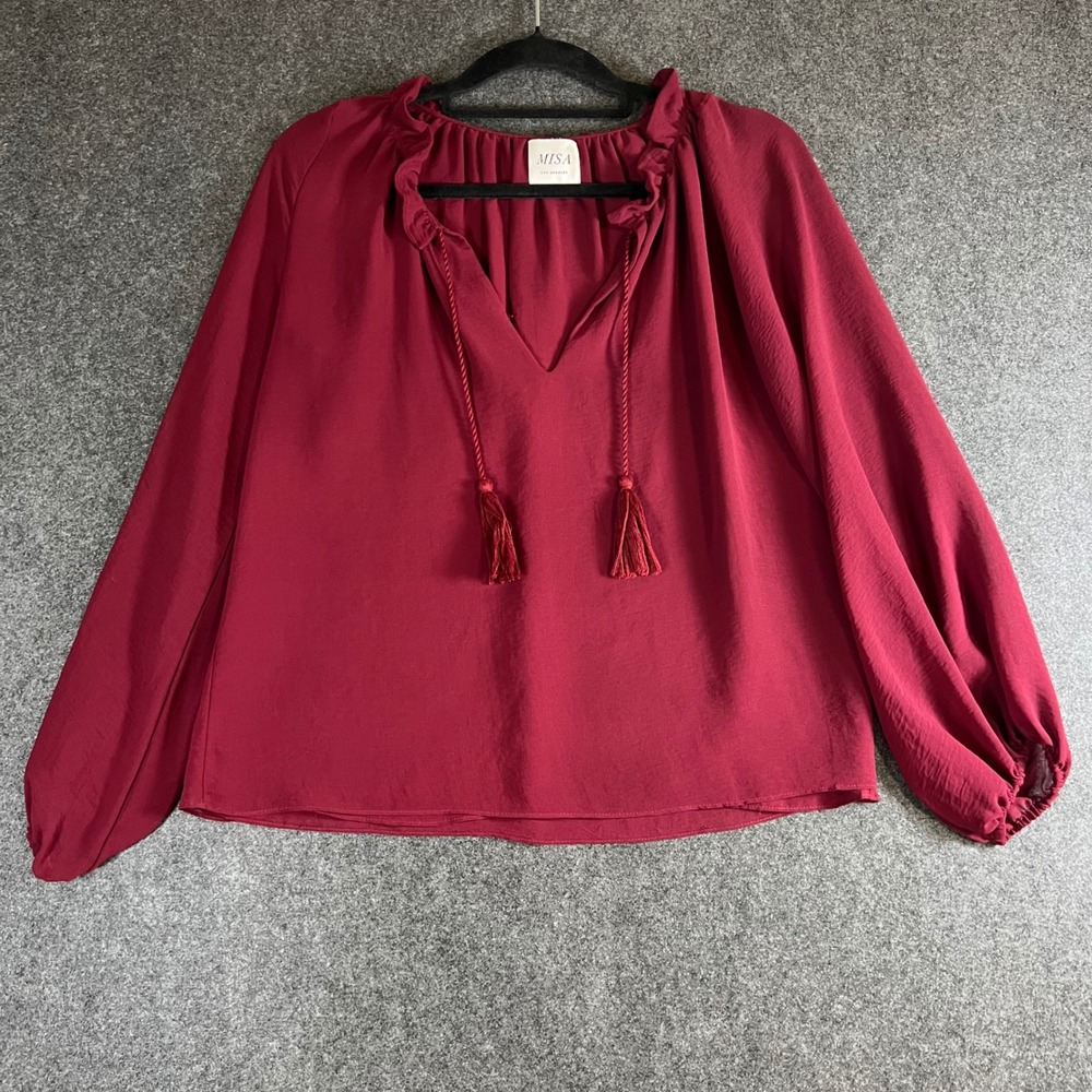 MISA Los Angeles Burgundy‎ Ruffle Neck Tassel Tie Viscose Blouse Womens Small